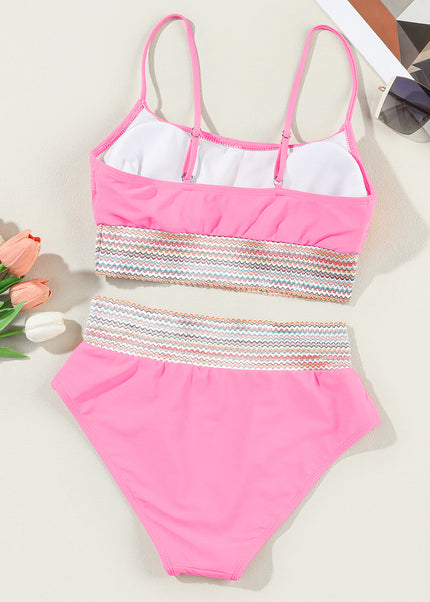 Peach Blossom Striped Patchwork Spaghetti Strap High Waist Bikini Swimsuit