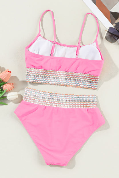 Peach Blossom Striped Patchwork Spaghetti Strap High Waist Bikini Swimsuit