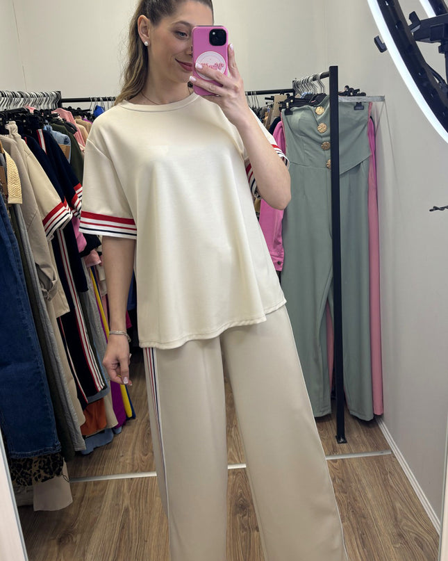 Jet Stream Contrast Striped Trim Crewneck T Shirt Loose Straight Pants Set
