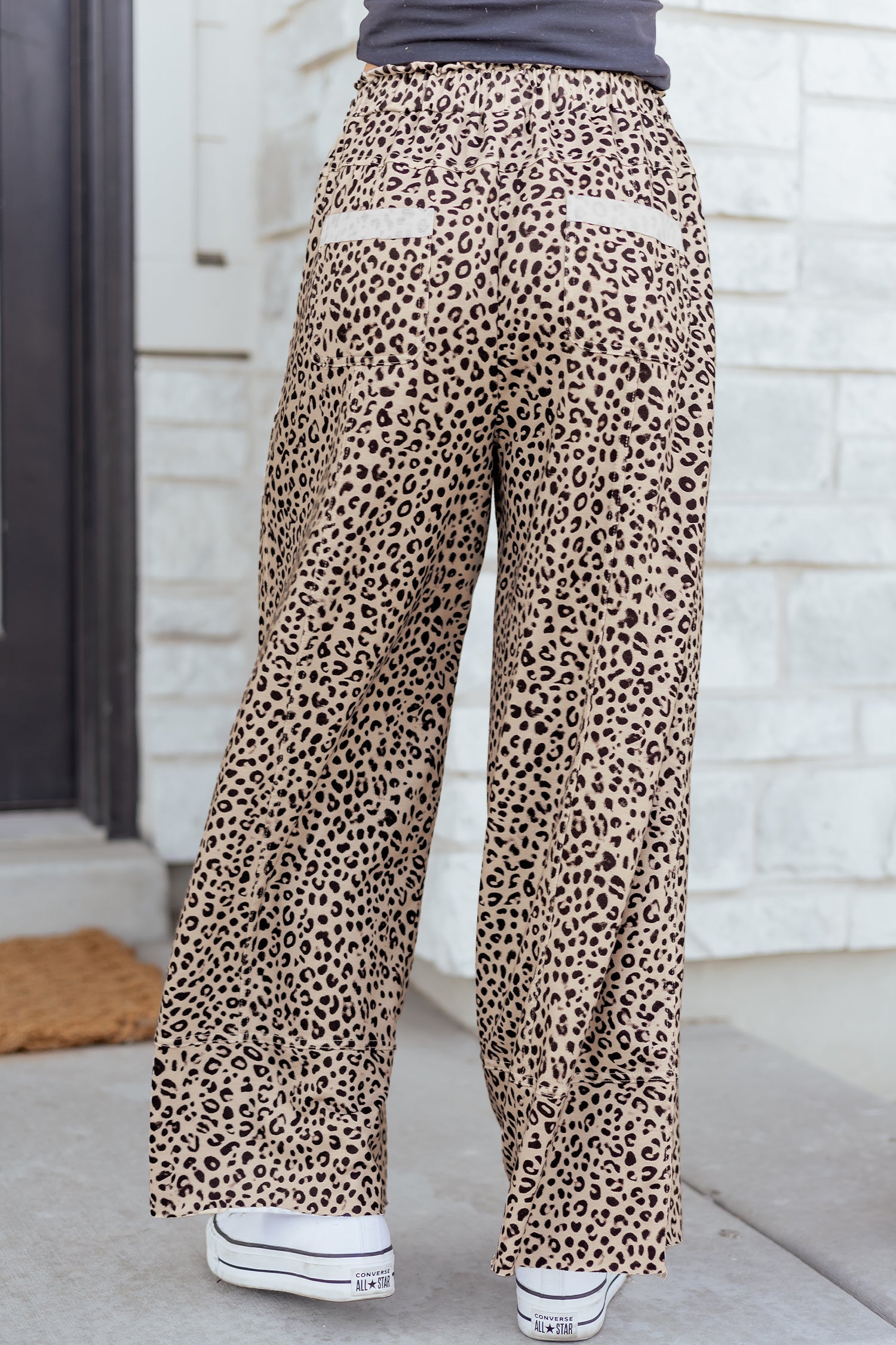 Khaki Animal Print Wide Leg Terry Knit Pants