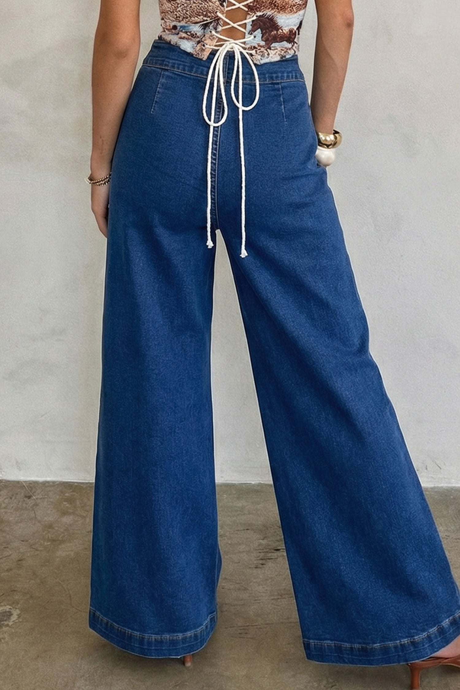 Sail Blue Hardware Decor Patched Pockets Wide Leg Jean Pants