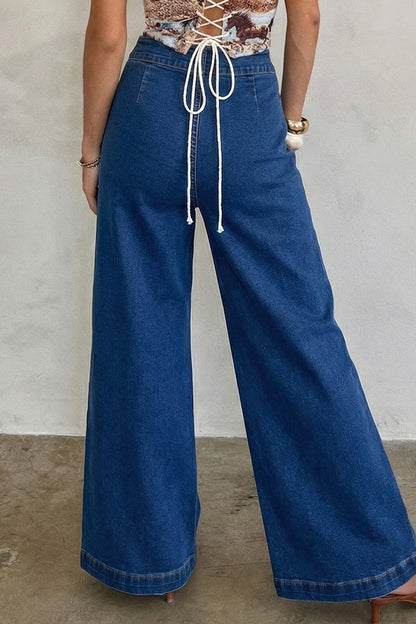 Sail Blue Hardware Decor Patched Pockets Wide Leg Jean Pants