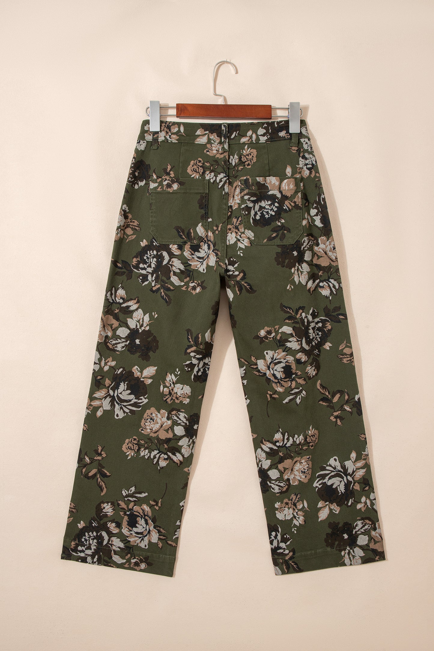 Green Vintage Floral Print Square Patch Pocket Raw Hem Shift Jeans