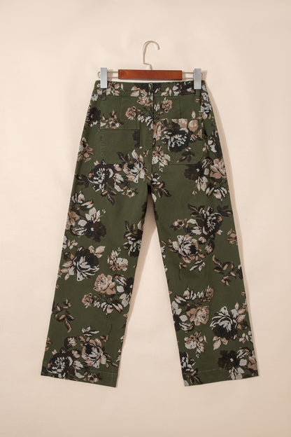 Green Vintage Floral Print Square Patch Pocket Raw Hem Shift Jeans