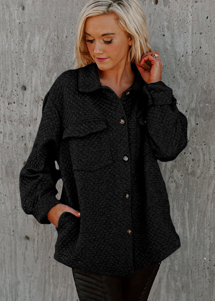 Black Retro Quilted Flap Pocket Button Shacket