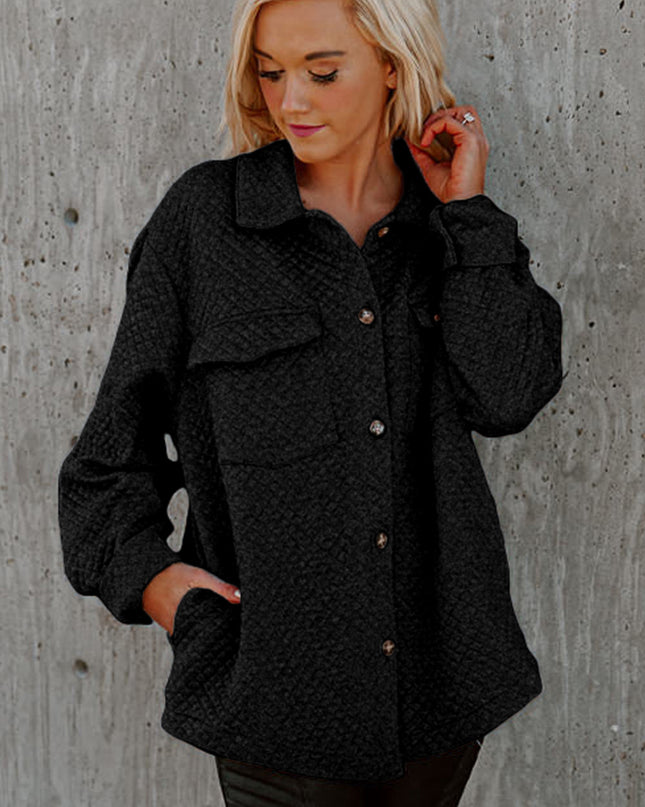 Black Retro Quilted Flap Pocket Button Shacket