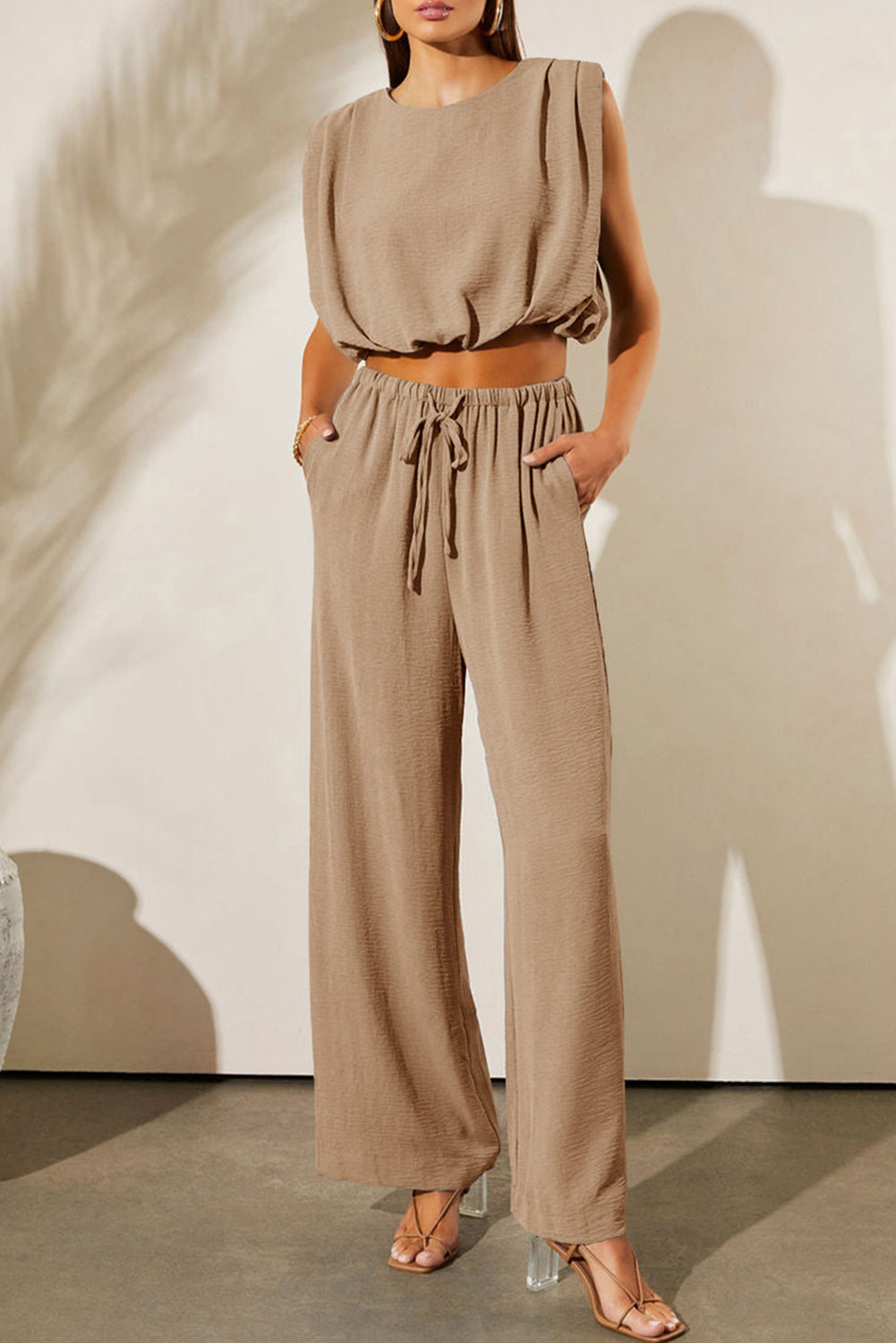 Pale Khaki Solid Color Keyhole Puffy Tank Drawstring Loose Pants 2pcs Set Outfit