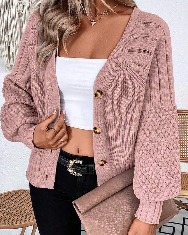 Goat Mixed Texture Knit Button V Neck Sweater Cardigan
