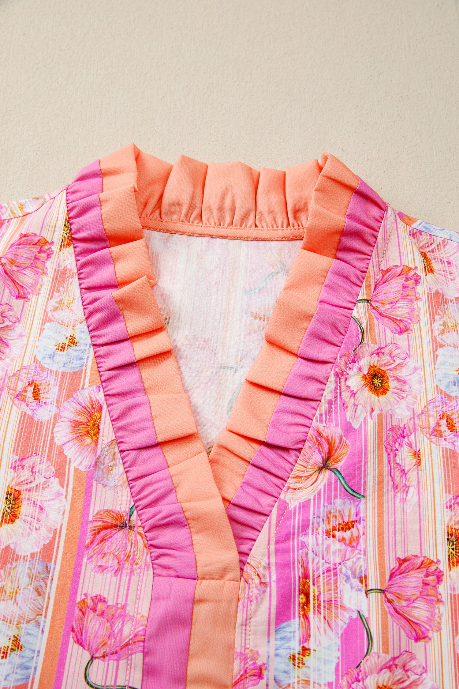 Pink Poppy Flower Striped Print Color Block Trim V Neck Short Sleeve Blouse