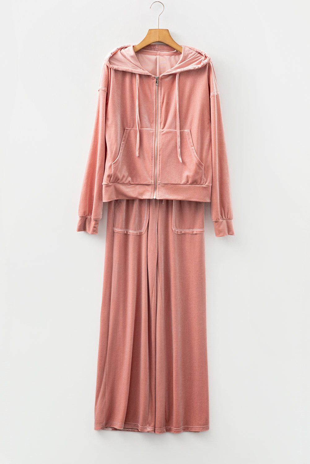 Peach Blossom Velvet Zip-up Hoodie and Wide Leg Pants Set