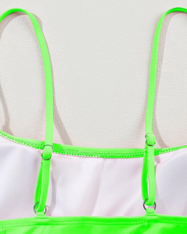 Peach Blossom Striped Patchwork Spaghetti Strap High Waist Bikini Swimsuit