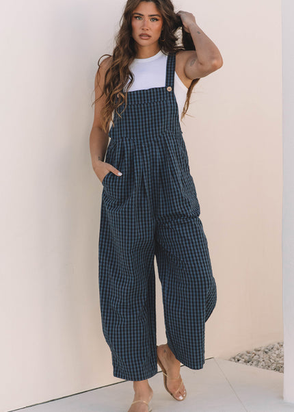 Sail Blue Plaid Print Buttoned Pocketed High Waist Overall