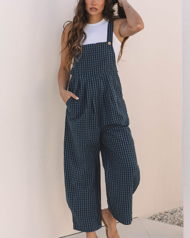 Sail Blue Plaid Print Buttoned Pocketed High Waist Overall