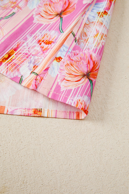 Pink Poppy Flower Striped Print Color Block Trim V Neck Short Sleeve Blouse