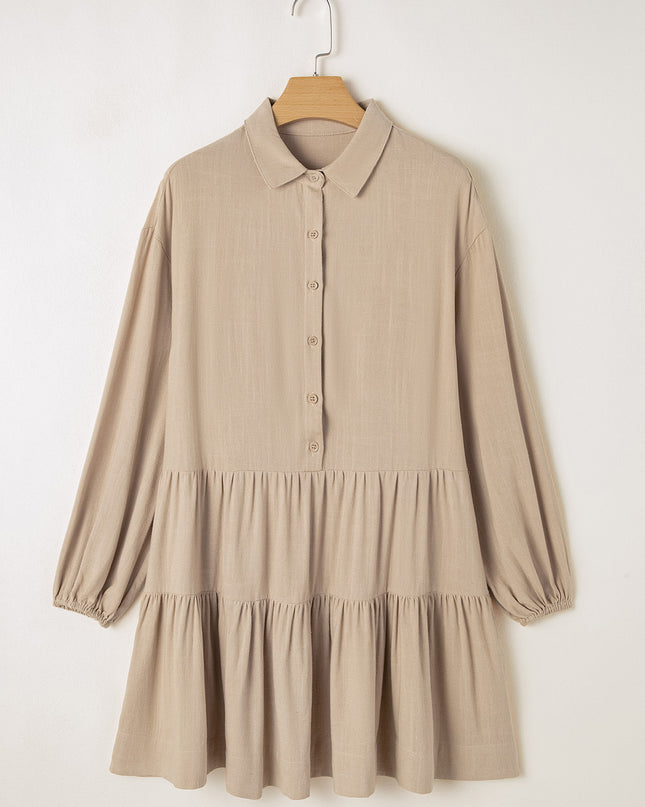 Tan Puff Sleeve Buttoned Tiered Pleated Shirt Mini Dress