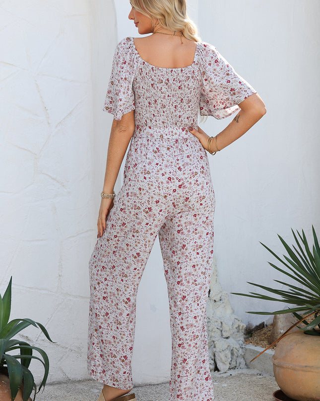 White Smocked Short Sleeve Wide Leg Floral Print Jumpsuit