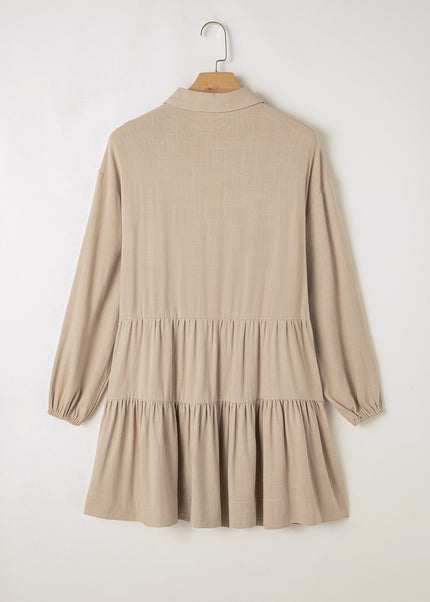 Tan Puff Sleeve Buttoned Tiered Pleated Shirt Mini Dress