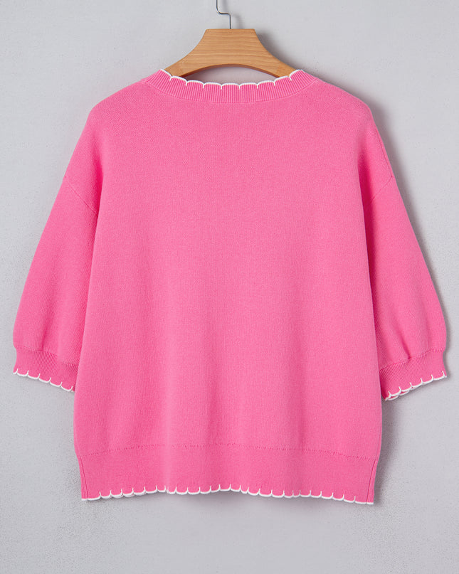 Sachet Pink Big Ribbon Bow Print Contrast Stitch Trim Drop Shoulder Sweater