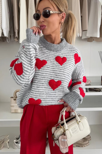 Gray Stripe Contrast Heart Pattern Valentine Knit Sweater