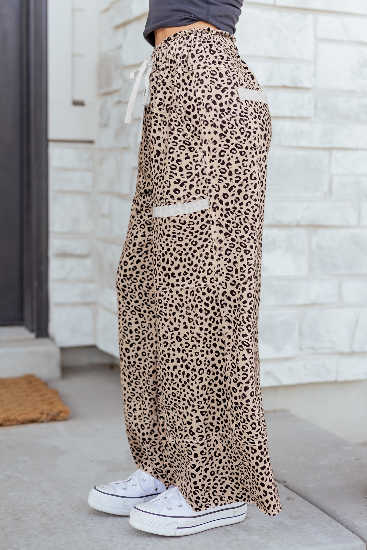 Khaki Animal Print Wide Leg Terry Knit Pants