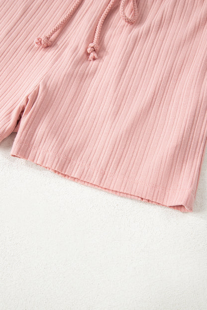 Gossamer Pink Ribbed Button V Neck Tank Top and Shorts Set