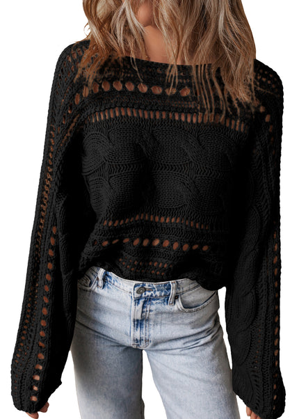 Smoke Gray Hollow-out Cable Knit Cropped Sweater