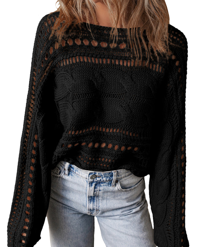 Smoke Gray Hollow-out Cable Knit Cropped Sweater