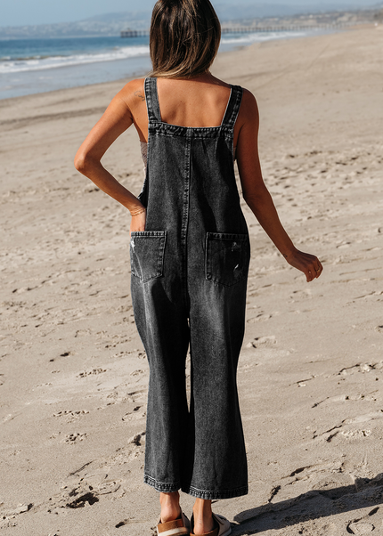 Stone Blue Distressed Bib Pocket Wide Leg Denim Overall
