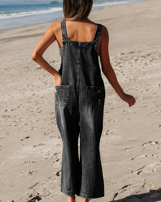 Stone Blue Distressed Bib Pocket Wide Leg Denim Overall
