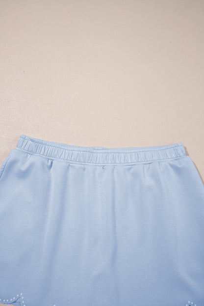 Light Pink Puff Sleeve Pearl Embellished Scallop Trim Top 2 Piece Skort Set