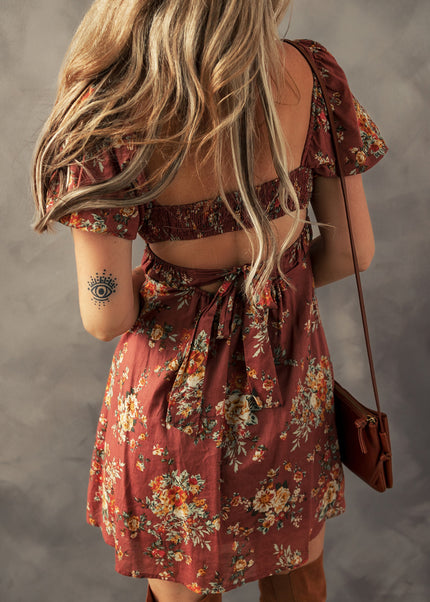Red Floral Puff Sleeve Square Neck Knot Open Back Mini Dress