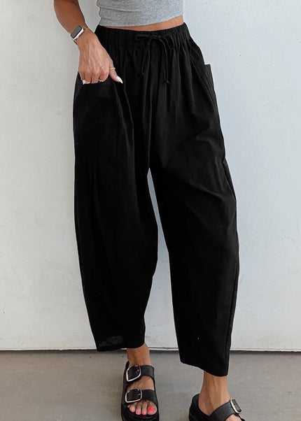 Black Drawstring Elastic Waist Patch Pocket Barrel Leg Casual Pants