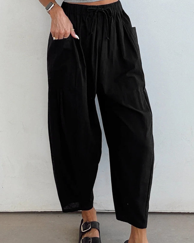 Black Drawstring Elastic Waist Patch Pocket Barrel Leg Casual Pants