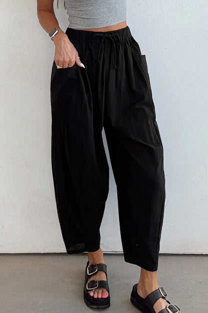 Black Drawstring Elastic Waist Patch Pocket Barrel Leg Casual Pants