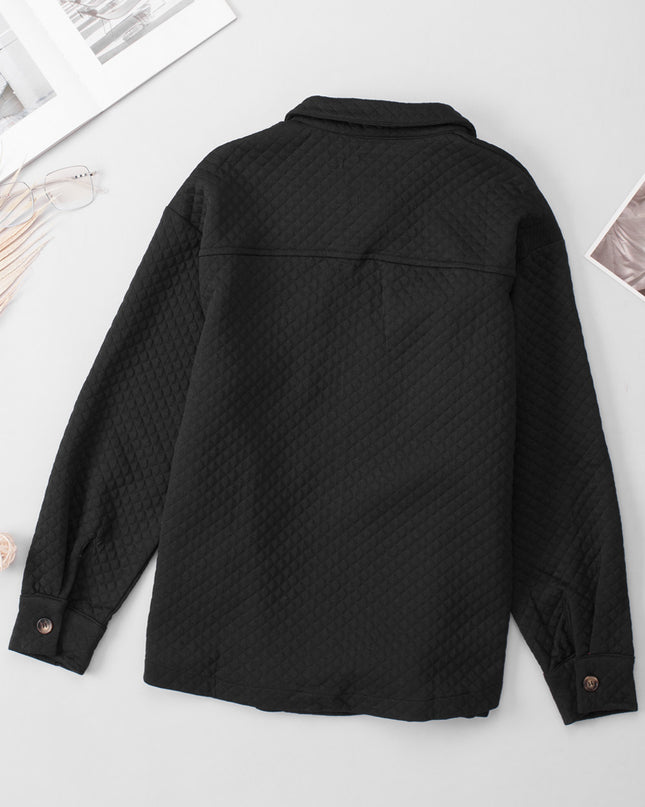 Black Retro Quilted Flap Pocket Button Shacket
