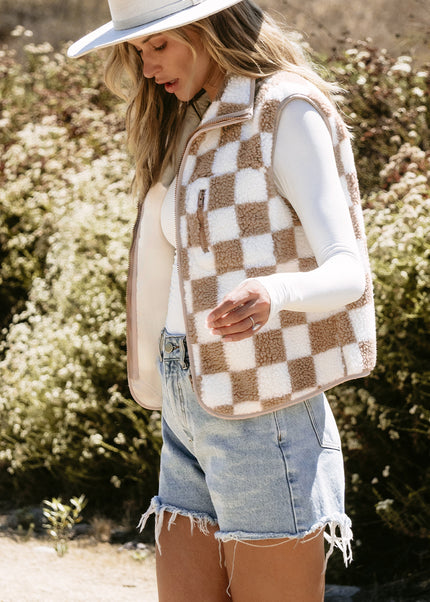 Khaki Checkered Sherpa Collared Jacket Vest