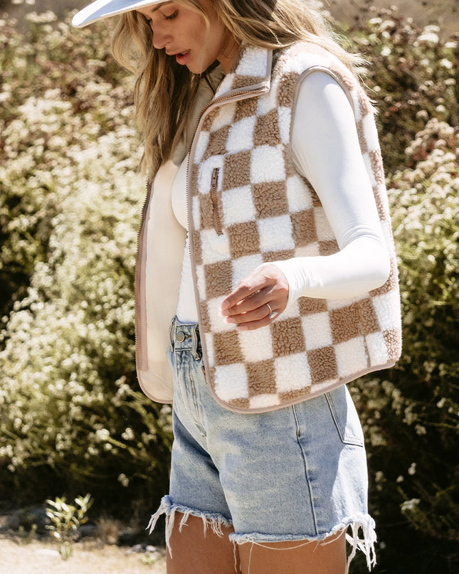 Khaki Checkered Sherpa Collared Jacket Vest