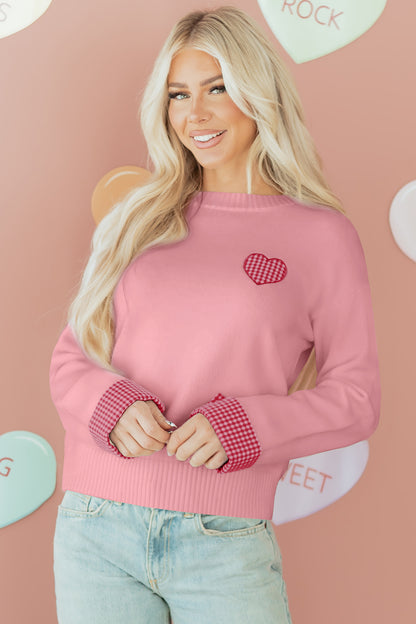 Light Pink Plaid Heart Embroidered Cuffed Drop Shoulder Crew Neck Sweater
