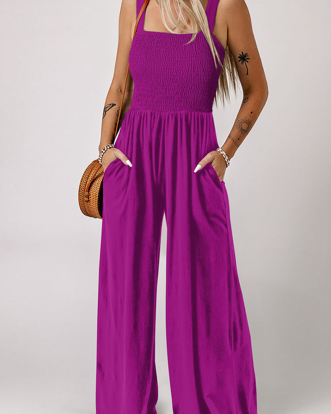 Purple Orchid Smocked Square Neck Sleeveless Jumpsuit with Pockets