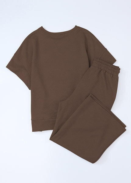 Black Textured Loose Fit T Shirt and Drawstring Pants Set