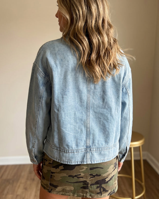 Beau Blue Draw-cord Hem Light Wash Denim Jacket