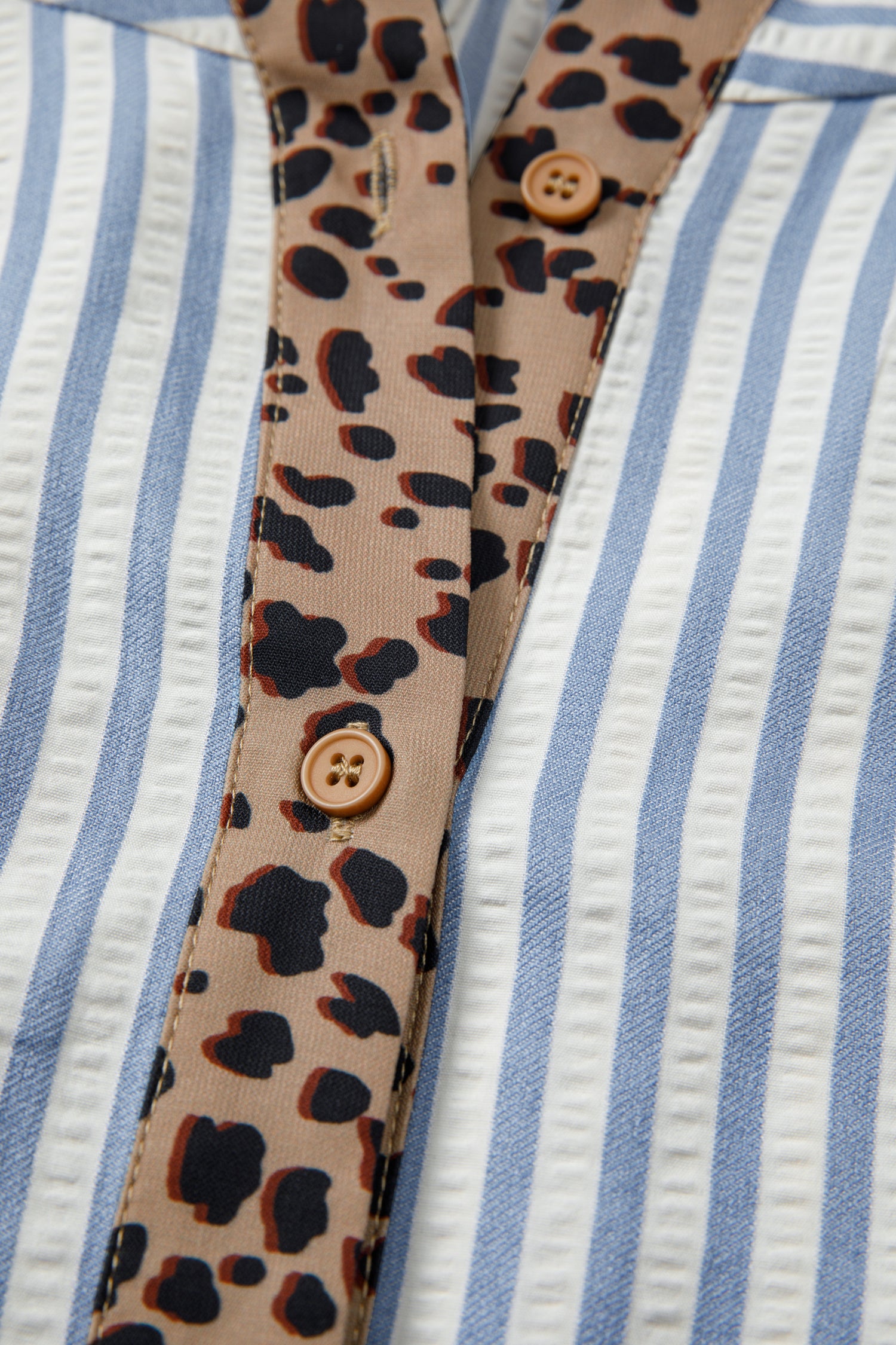 Sky Blue Stripe Leopard Trim V Neck Button Down Half Sleeve Shirt