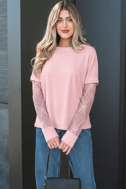 Light Pink Solid Color Bow Textured Patchwork Long Sleeve Tee
