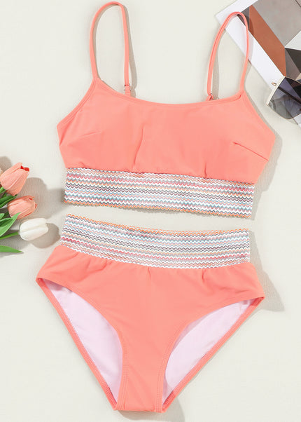 Peach Blossom Striped Patchwork Spaghetti Strap High Waist Bikini Swimsuit