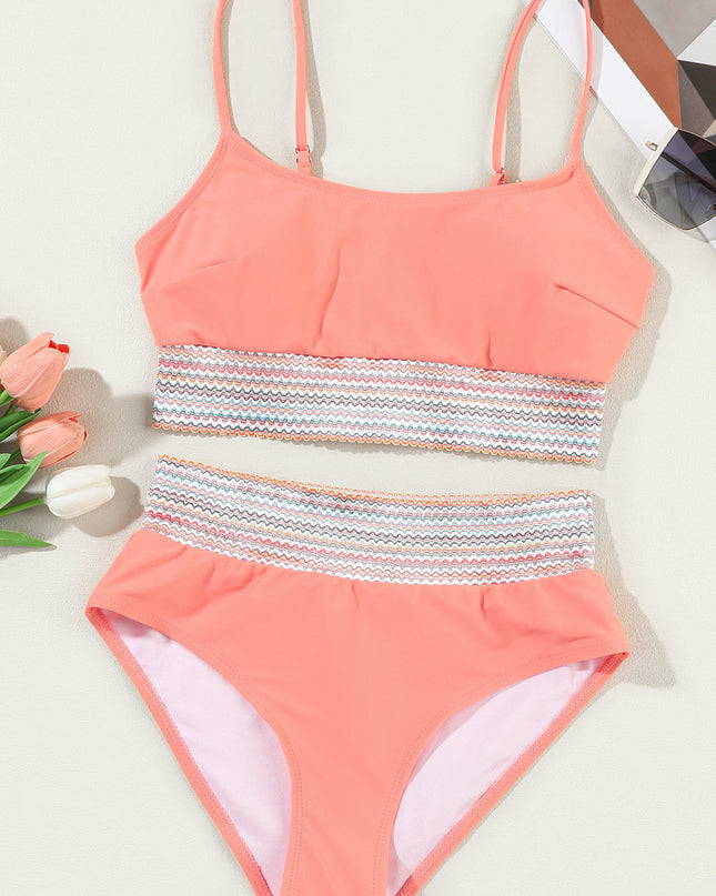 Peach Blossom Striped Patchwork Spaghetti Strap High Waist Bikini Swimsuit