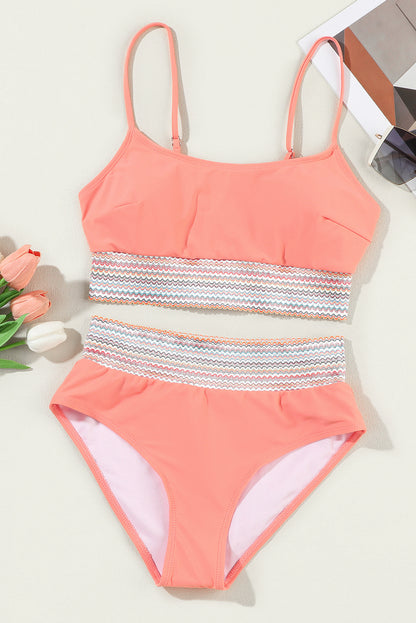 Peach Blossom Striped Patchwork Spaghetti Strap High Waist Bikini Swimsuit