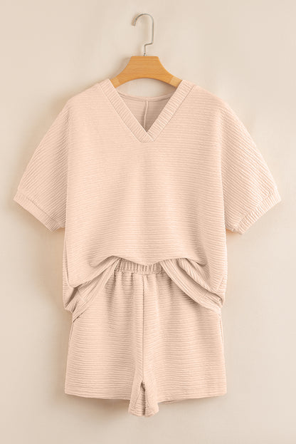 Pink Textured V Neck T Shirt and Shorts Set