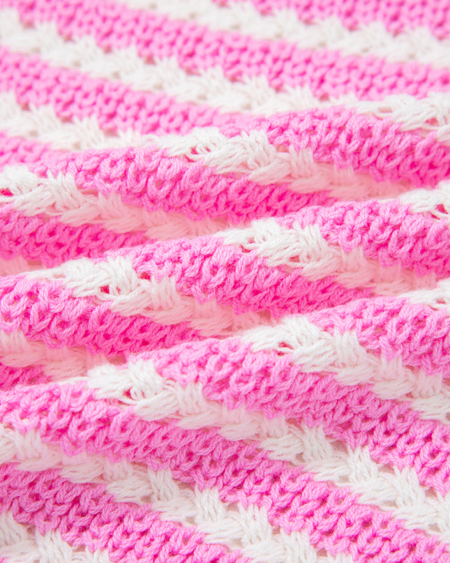 Pink Stripe Short Sleeve Knit V Neck Bow Knot Sweater