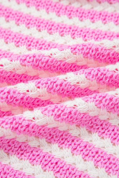 Pink Stripe Short Sleeve Knit V Neck Bow Knot Sweater