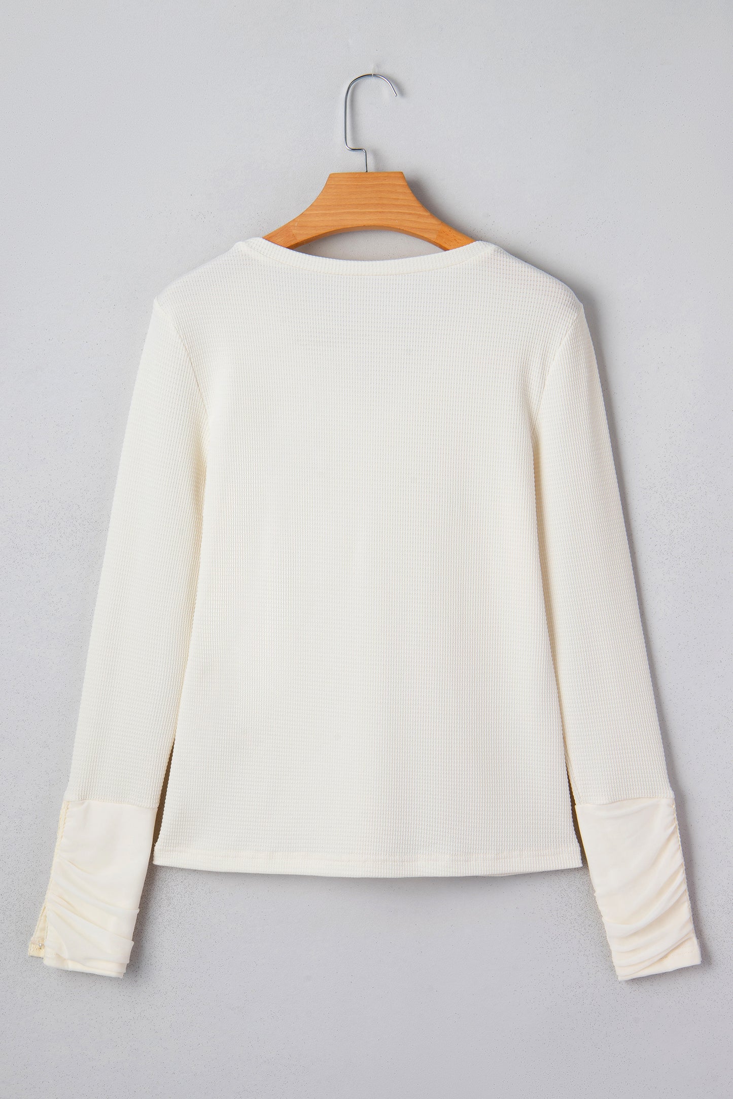 Beige Thermal Knit Lace Ruched Patchwork Long Sleeve V Neck Top